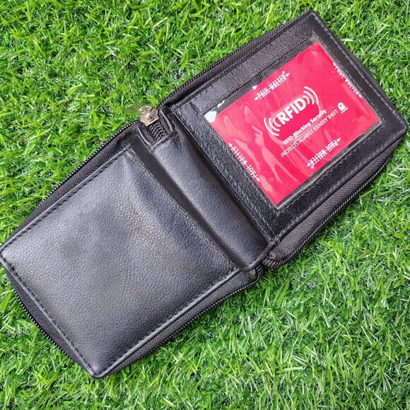 Men's Zipper RFID Blocking Premium Leather Zip-Around ID Bifold Wallet - Picture 5 of 8